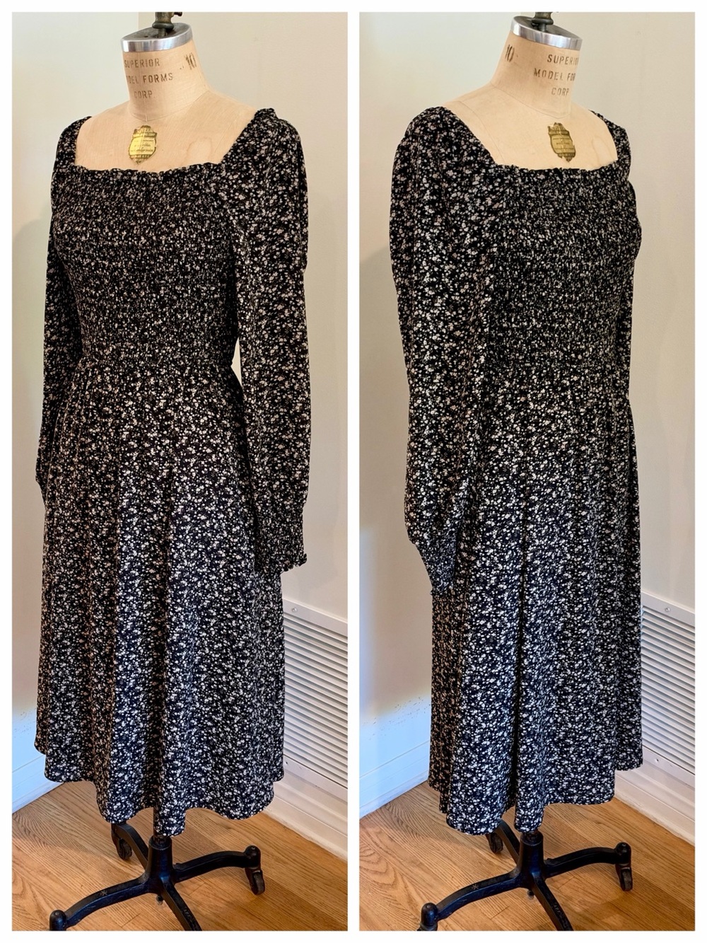 MOD GODDESS Black Floral Smocked Midi Dress, Med
